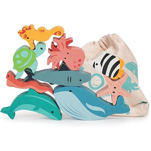 Mentari Toys - Happy Stacking Ocean - 9pc Wooden Stacking Toy for Toddlers - Colorful Sea Themed Balancing Activity Toy with Bag - Boost Fine Motor Skills and Dexterity - Educational Toy - Age 18m+