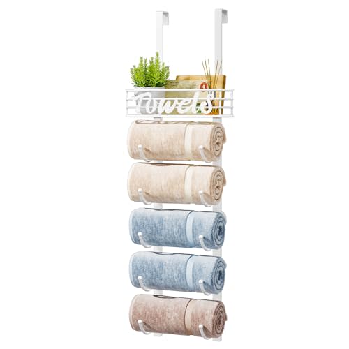 HapiRm Towel Racks for Bathroom Storage - 6 Tier Over The Door & Wall Mount Rolled Towel Storage Organizer Holder with Metal Shelf Basket for Small Bathroom, Camper, Rv - White, Patented