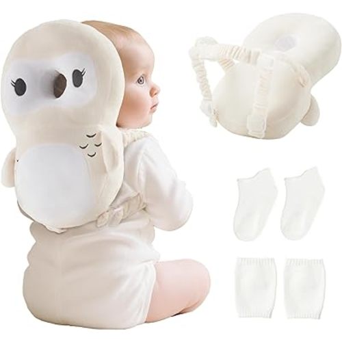 Fortella Baby Head Protector Backpack with Socks and Knee Pads - Adjustable Safety Pillow for Crawling Toddlers 5-12 Months, Soft Cushioned Support, Infant Travel Essentials Gift for Boys Girls (Owl)
