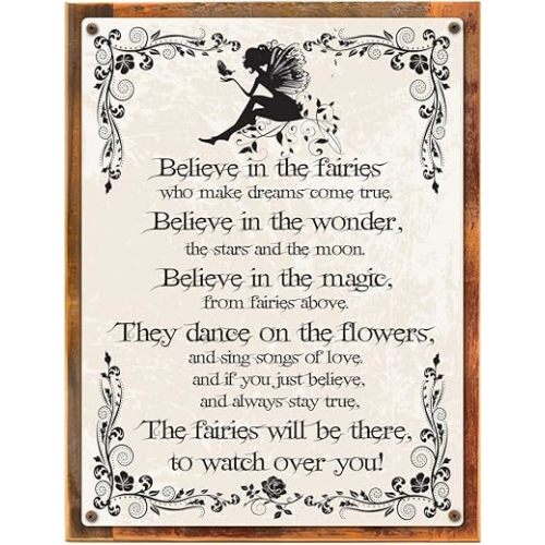 Wood-Framed Believe in the Fairies Metal Sign, Vintage Rules of Fairy Magic, Nursery or C... on reclaimed, rustic wood