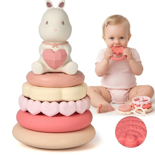 Moonkie Bunny Baby Stacking Toys | 7-Piece Silicone Rings for Teething Relief | Educational Toy for Infants & Toddlers 6 Months+ | Baby Shower or Birthday Gift for Girls