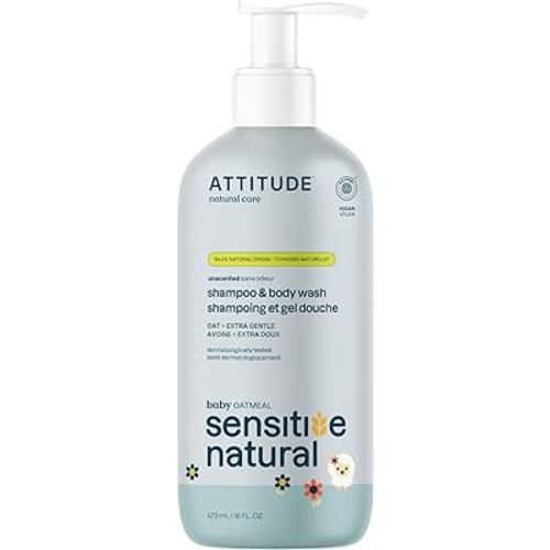 ATTITUDE 2-in-1 Shampoo and Body Wash for Baby, EWG Verified, Hypoallergenic Plant- and Mineral-Based Ingredients, Vegan and Cruelty-Free Products for Sensitive Skin, Unscented, 16 Fl Oz