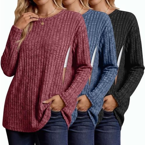 3 Pack Women's Nursing Shirts for Breastfeeding Zipper Ribbed Maternity Tops Lightweight Oversized Sweater