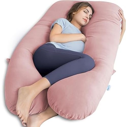 QUEEN ROSE Extra Long Pregnancy Pillows, 60 Inch U Shaped Body Pillow for Sleeping, Cooling Maternity Pillow for Pregnant Women, Body Support for Adults, with Soft Silky Cover, Pink