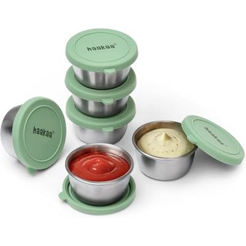 haakaa 6 Pack Small Salad Dressing Container To Go, 1.18 oz Leakproof Condiment Containers with Silicone Lids, Reusable Stainless Steel Sauce Cups for Lunch Box, Meal Prep & Travel