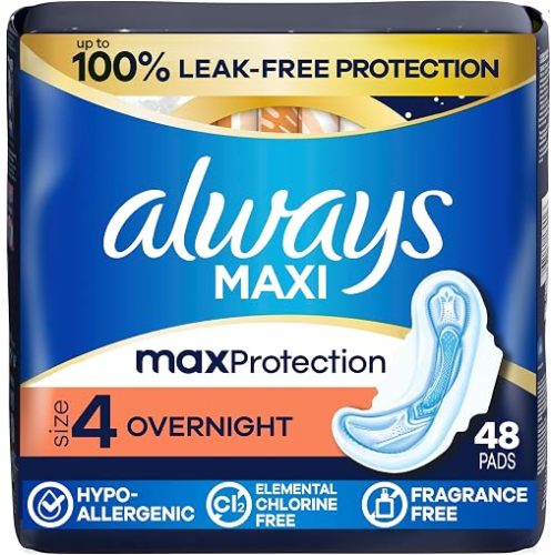 Always Maxi Overnight Feminine Pads with Wings for Women, Size 4, Overnight Absorbency, Unscented, Up to 100% Leak-Free Protection, 48 Count