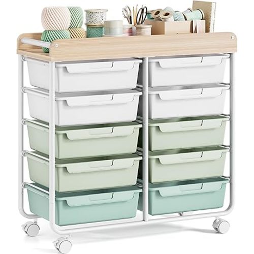 Rolling Storage Cart with 10 Large Drawers, Utility Cart with Wooden TableTop for Craft Organizers, Art Supply Storage, Home Office Organization, Cart with Wheels for Classroom, School, Green