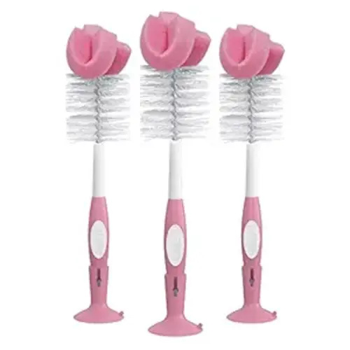 Dr. Brown's Reusable Sponge Baby Bottle Cleaning Brush Set with Suction Cup Stand, Scrubber and Nipple Cleaner, Pink, 3 Pack