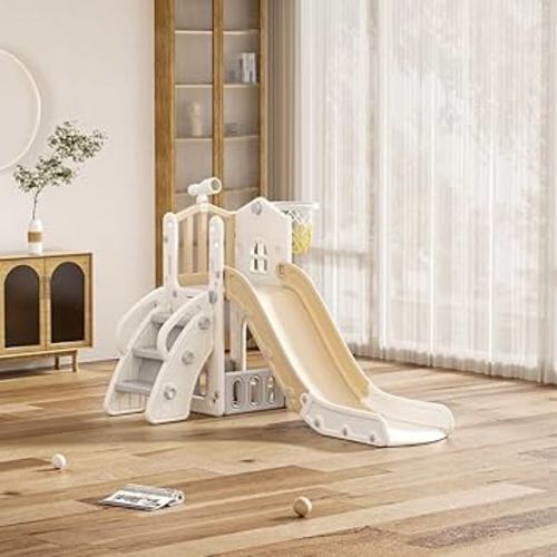 KORIMEFA 5-in-1 Toddler Slide Indoor/Outdoor with Basketball Hoop & Telescope L-Shaped Playground for Kids 1-3 Years Beige