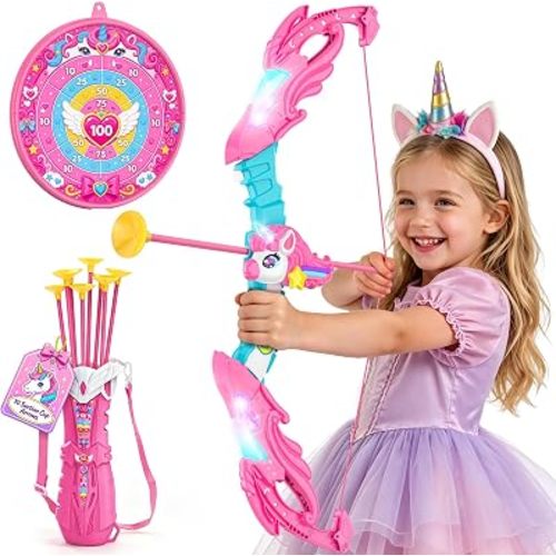 Rainbow Unicorn Bow and Arrow Set for Girls Ages 3-12, 4 Magic Lights