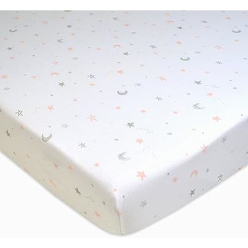 American Baby Company 100% Natural Cotton Fitted Pack and Play Sheet 39" x 27" - Soft & Breathable Pack N Play Sheet for Playpen, Playard & Mini Crib Mattress, Pink Stars and Moon, for Boys & Girls