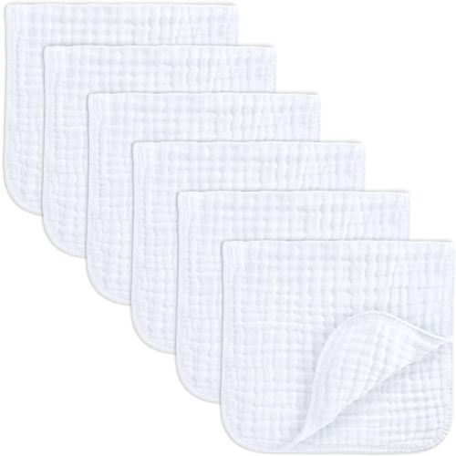 Comfy Cubs Muslin Burp Cloths 20" x 10", Pack of 6 - Large, 6-Layer, Ultra Absorbent 100% Cotton for Baby Spit-Up, Drool, and Messes - Soft, Safe & Gentle Baby Burp Cloths Set for Boys & Girls - White
