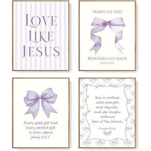 LARTSFRO Coquette Purple Bow Jesus Wall Art Decor Posters, Purple Bow Christian Room Bedroom Bathroom Dorm Wall Art Decor Aesthetic for Teen Girls Gifts, Inspirational Bible Verses Bow Wall Decor, 10x8 Inch Set of 4 Bow Pictures (UNFRAMED)