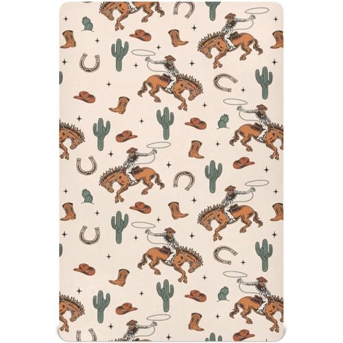Western Cowboys America Crib Sheets for Boys Girl Retro Cowboy Boots Hat Horse Cactus Mattress Cover Unisex Toddler Baby Bed Sheets Fitted Standard Crib Sheets 28x52 Inch