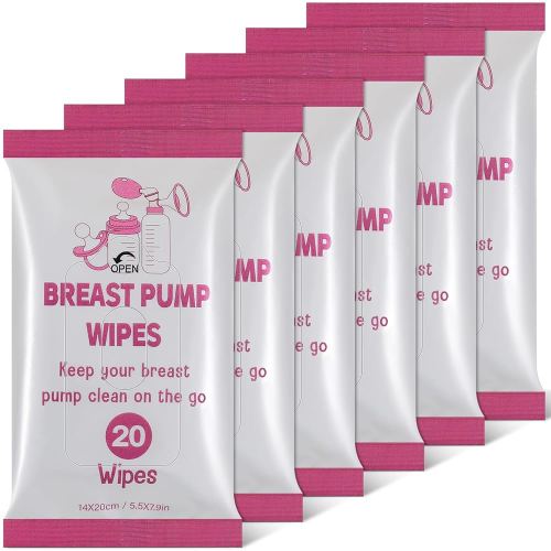 6 Pack 120 Count Breast Pump Wipes Quick Clean and Irritant Free Resealable Convenient Breast Pump Cleaning Wipes Hygienic Breastfeeding Supplies(Pink)