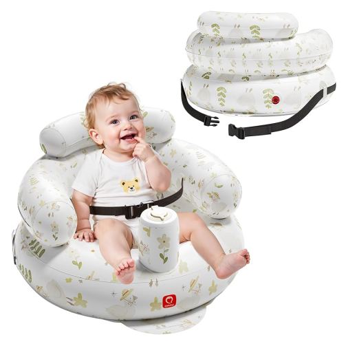 QPAU Inflatable Baby Seat with Safety Harness, Baby Chair for Sitting Up (3-9 Months), Portable Blow Up Babies Chair with Built-in Pump (Flowers)