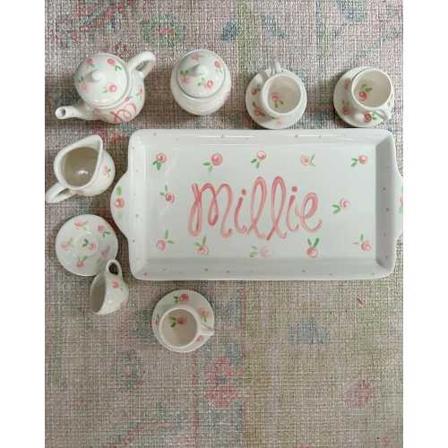 little girls personalized tea set with tray // Lets have some tea // pink roses design