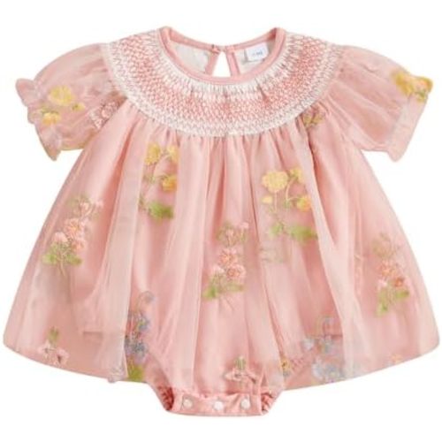 Baby Girl Tulle Tutu Romper Dress Flower Embroidery Short Sleeve Fairy Smocked Dresses Party Princess Sundress