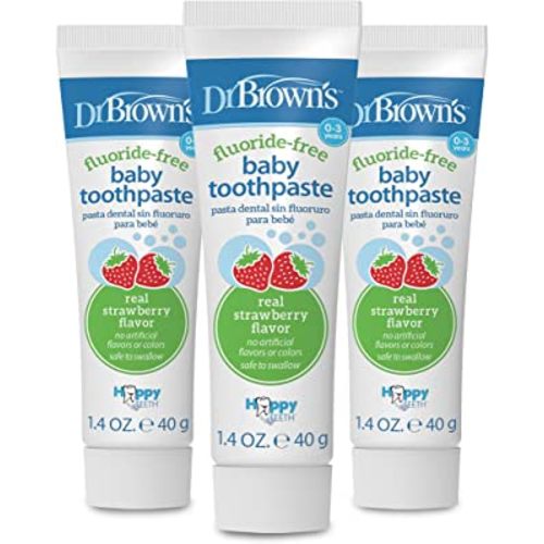 Dr. Brown's Fluoride-Free Baby Toothpaste, Infant & Toddler Oral Care, Strawberry, 3-Pack, 1.4oz/40g, 0-3 years