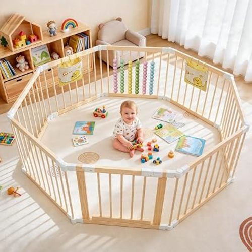 Baby Playpen, Foldable Wooden Play Yard with Gate and Child Proof Lock