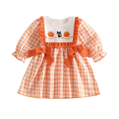 Toddler Baby Girl Halloween Outfit Ghost/Pumpkin Plaid Smocked A-line Dress | Fall Winter Clothes, Embroidery Long Sleeve Doll Collar Puff Sleeve Dress, Little Kid Thanksgiving Holiday Cosplay Costume