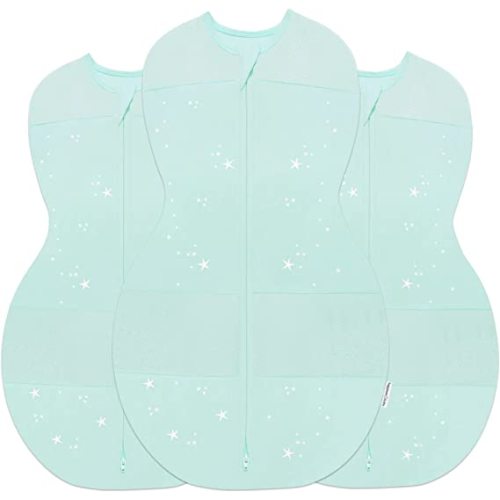 Happiest Baby Sleepea 5-Second Swaddle - 100% Organic Cotton Baby Swaddle Blanket - Doctor Designed Promotes Healthy Hip Development - 3-Pack Newborn Bundle (Teal Stars, 2 x Small, 1 x Medium)