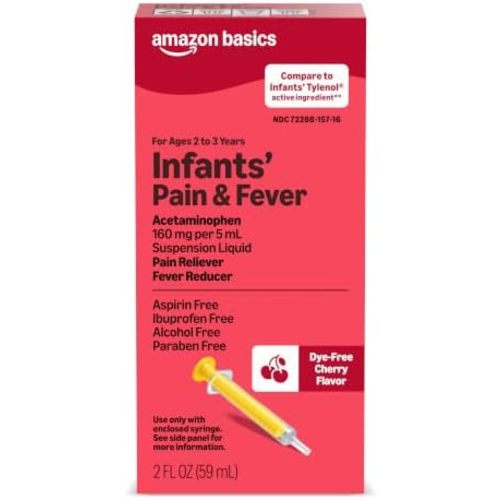 Amazon Basics Infants' Pain & Fever, Acetaminophen 160 mg per 5 mL, Suspension Liquid, Dye-Free Cherry Flavor, 2 fl oz (Pack of 1) (Previously Care)