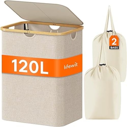 Lifewit 120L Laundry Basket with Lid, Clothes Hampers for Laundry with Bamboo Handles and 2 Removable Bag, Large Foldable Laundry Hamper for Bedroom, Bathroom, Dorm, Laundry Room, Beige