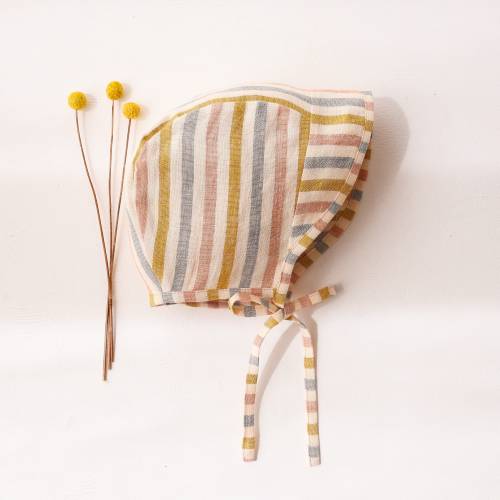 Baby Brimmed Bonnet in Rainbow Linen