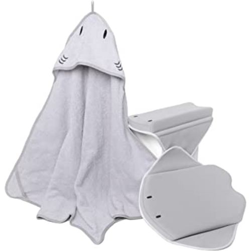 Ubbi Stingray Kneeler, Elbow Rest & Hooded Towel Bundle, Baby and Toddler Bath Time Must Haves for Parents and Baby, Gray