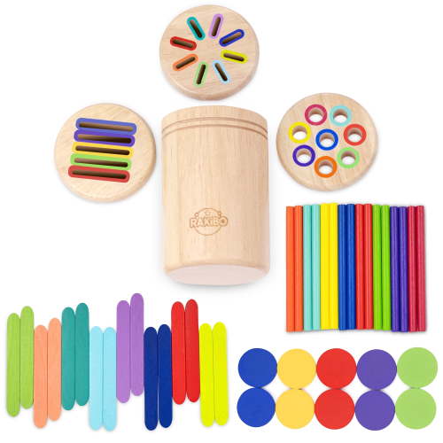 Rakibo Montessori Wooden Color Sorting Toy for Toddlers Ages 18-48months – Fine Motor Skills Toy with Pegs, Sticks, Lids & Discs – Sensory Educational Activity – Gift-Ready in Box Learning Toy