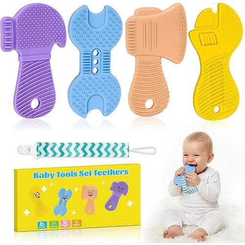 Baby Teething Toys, 4 Pack Silicone Baby Teether Toys with Pacifier Clips, Tool Shape for Babies 0-6 6-12 Months, Multi-Texture Gum Massage Teething Relief, Easy Grip for Newborn Infant Toddler