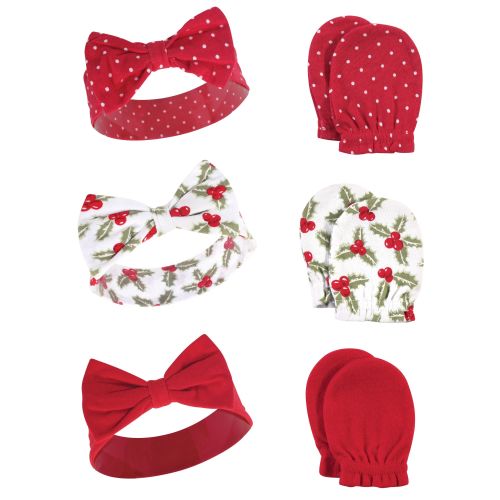 Hudson Baby Infant Girl Cotton Headband and Scratch Mitten 6pc Set, Holly, 0-6 Months - Holly