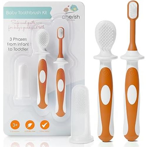 Cherish Baby Care Baby Toothbrush Set (3-24 Months) - BPA-Free Baby Finger Toothbrush, Training Toothbrush & Toddler Toothbrush - Designed in Canada - Complete Baby’s First Toothbrush Kit (Orange)