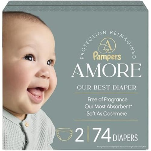 Pampers Amore, Size 2 (10-22 lbs), 74 Count, Our Best Diaper – Hypoallergenic & Fragrance Free, Up to 100% Leakproof, Soft as Cashmere
