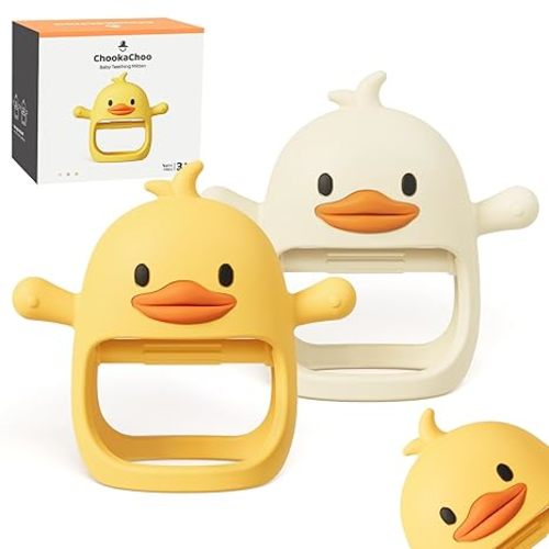 ChooKaChoo 2 Pack Baby Teething Toy for Over 3 Months, Food Grade Silicone Teething Mitten, Anti Dropping Wrist Hand Teethers Baby Chew Toys for Sucking Needs, BPA Free (Duckie)