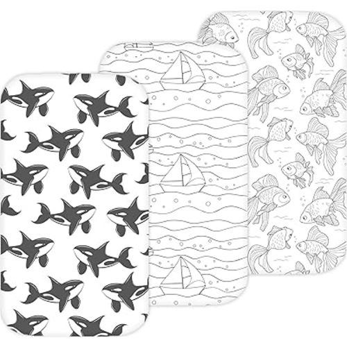 Bassinet Sheets for Ronbei, Baby Joy, Baby Delight Beside Me Dreamer, and Nordmiex Bassinet, 3 Pack, 33x20 Inch, Ultra Soft, Breathable Snug Fit, Unisex Boys Girls, Gray White (Ocean Fish Theme)