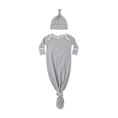Slate Microstripe Knotted Baby Gown + Hat Set - Sweet E's Children's Boutique