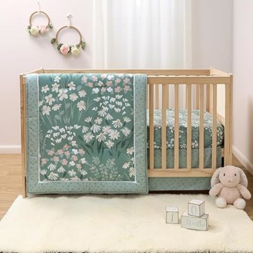 The Peanutshell Sage Meadow 3-Piece Baby Girl Crib Bedding Set - Botanical Nursery Quilt Comforter, Sheet & Skirt - Floral Baby Crib Bedding Set Girl for Newborn & Toddler