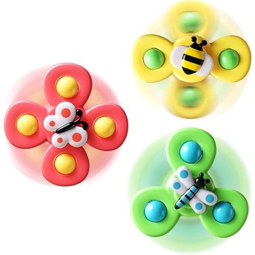 3PCS Suction Cup Spinner Toys for 1 Year Old Boy Girl|Spinning Top 12 18 Months|1 2 Year Old Boy Birthday Gift|Baby Bath Toy for Kids Ages 1-3|Sensory Airplane Travel Toy for Infant Toddlers
