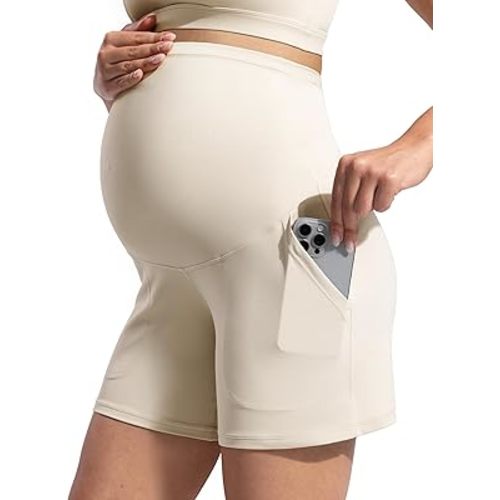 POSHDIVAH Women's Creamluxe Maternity Yoga Shorts with Pockets Pregnancy Workout Running Pants Clothes 6"/9"/12"