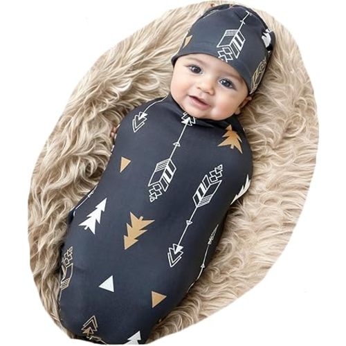 Galabloomer Newborn Swaddle Blanket with Beanie Set Baby Boy Receiving Blanket Rainbow (Gold Arrow)