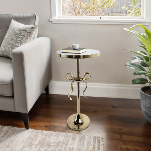 Everly Quinn Accent Table for Small Spaces and Living Room End Tables – End Table and Side Table with Bow Accent and Marble Top – Narrow End Table with Sculptural Style – 24", Gold/White & Reviews | Wayfair