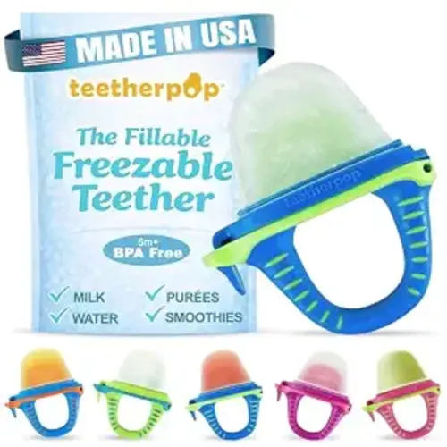 Fillable Freezable Teethers for Babies - Breastmilk Teether with Spill-Proof Sippy Slits – Teething Popsicle for Baby, Liquids & Purées, Cooling Teething Relief Feeder Pacifier - BlueLime