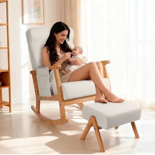 NOBLEMOOD Rocking Chair Indoor with Ottoman, Upholstered Rocking Chair with Lumbar Pillow, Side Pocket, High Back Solid Wood Frame Rocker with Footrest for Living Room