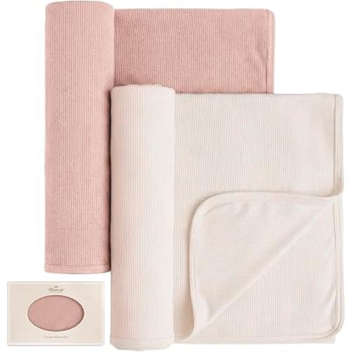 Konssy Ribbed Knit Baby Blankets 2 Pack, Stretchy Lightweight Swaddle Blanket for Boys & Girls, Soft Cozy Receiving Wrap for Newborns, Infants, & Toddlers, 33x42 Inch