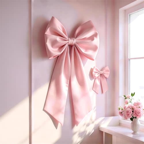 Pink Bow Decor 2 Pack, Large Small Size Bow Wall Decor | Coquette Pink Bow Backdrop For Girls Room, Two Size Bow Decorations For Birthday Bachelorette Bridal Shower Wedding Party