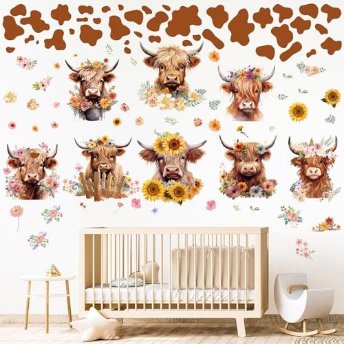 Wxiben Highland Cow Wall Decals - Cow Print Wall Stickers Decor Flower Wall Sticker Removable Floral Wall Murals Peel and Stick for Kids Baby Bedroom Nursery Playroom Bathroom Living Room Wall Decor