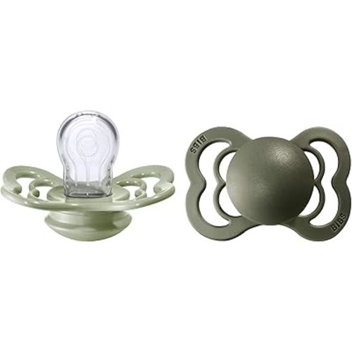BIBS Supreme Baby Pacifier 2-Pack | Made in Denmark | BPA Free Dummy Soother, Symmetrical Nipple. Silicone, Size 1 (0-6 Months), Sage/Hunter Green