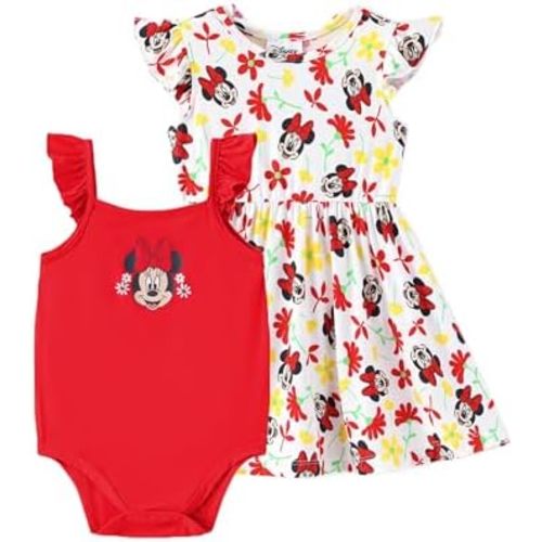 Disney Baby Girls Bodysuit and Round Neck Ruffle Sleeve Dress Clothes Outfit Set for Newborn to Infant